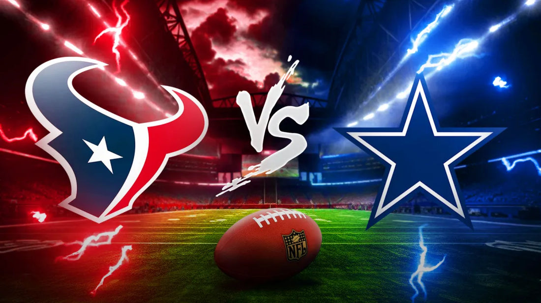 Dallas Cowboys logo and Houston Texans logo with 'V.S.' between them, representing the highly anticipated NFL matchup happening today