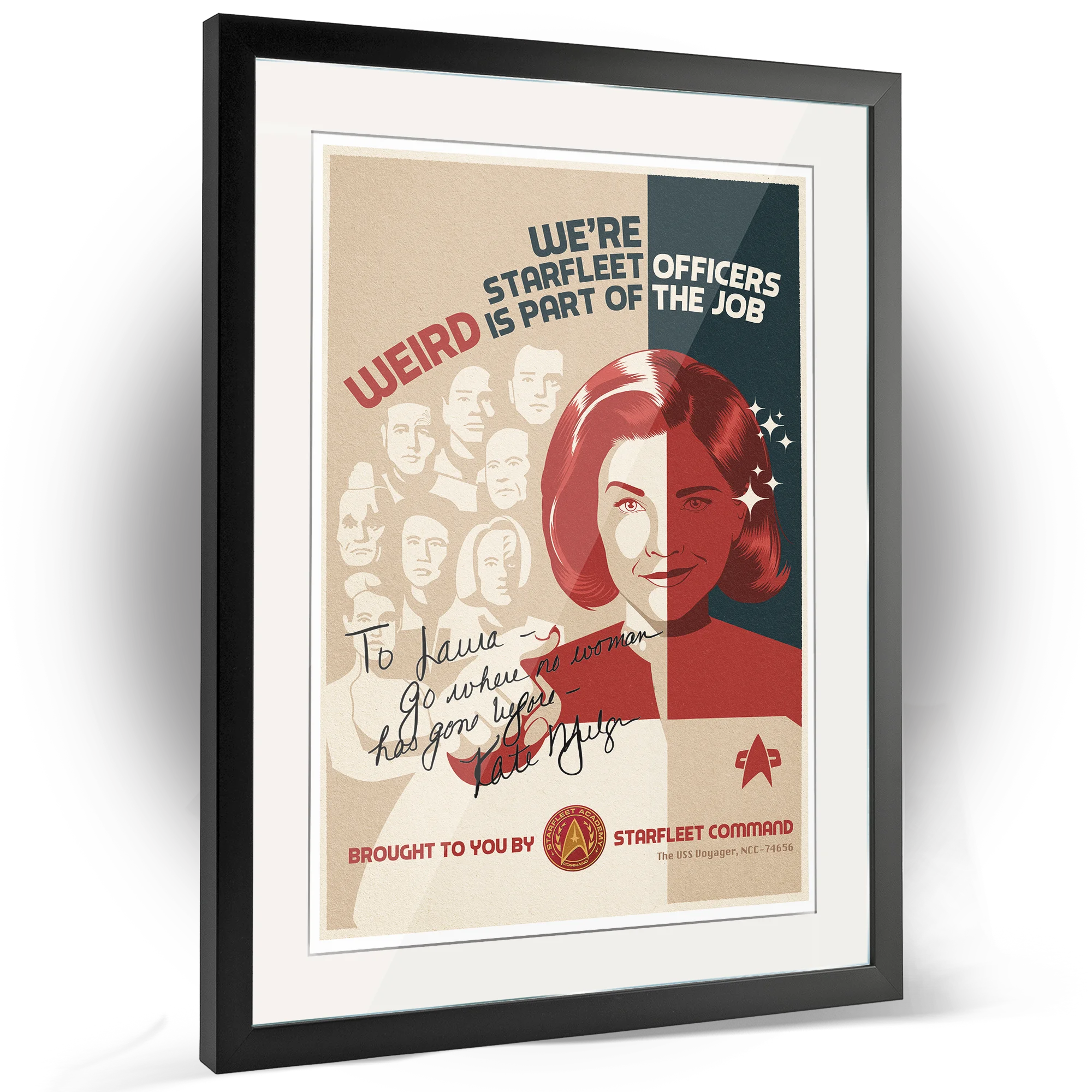 Framed poster of Kate Mulgrew as Captain Janeway from Star Trek: Voyager, a high-quality collectible offered for autographs via FanFair.