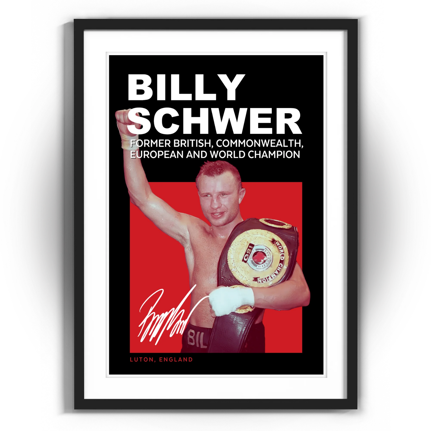 Framed poster of Billy Schwer, legendary lightweight boxing champion, an exclusive collectible for fans offered for autographs on FanFair.