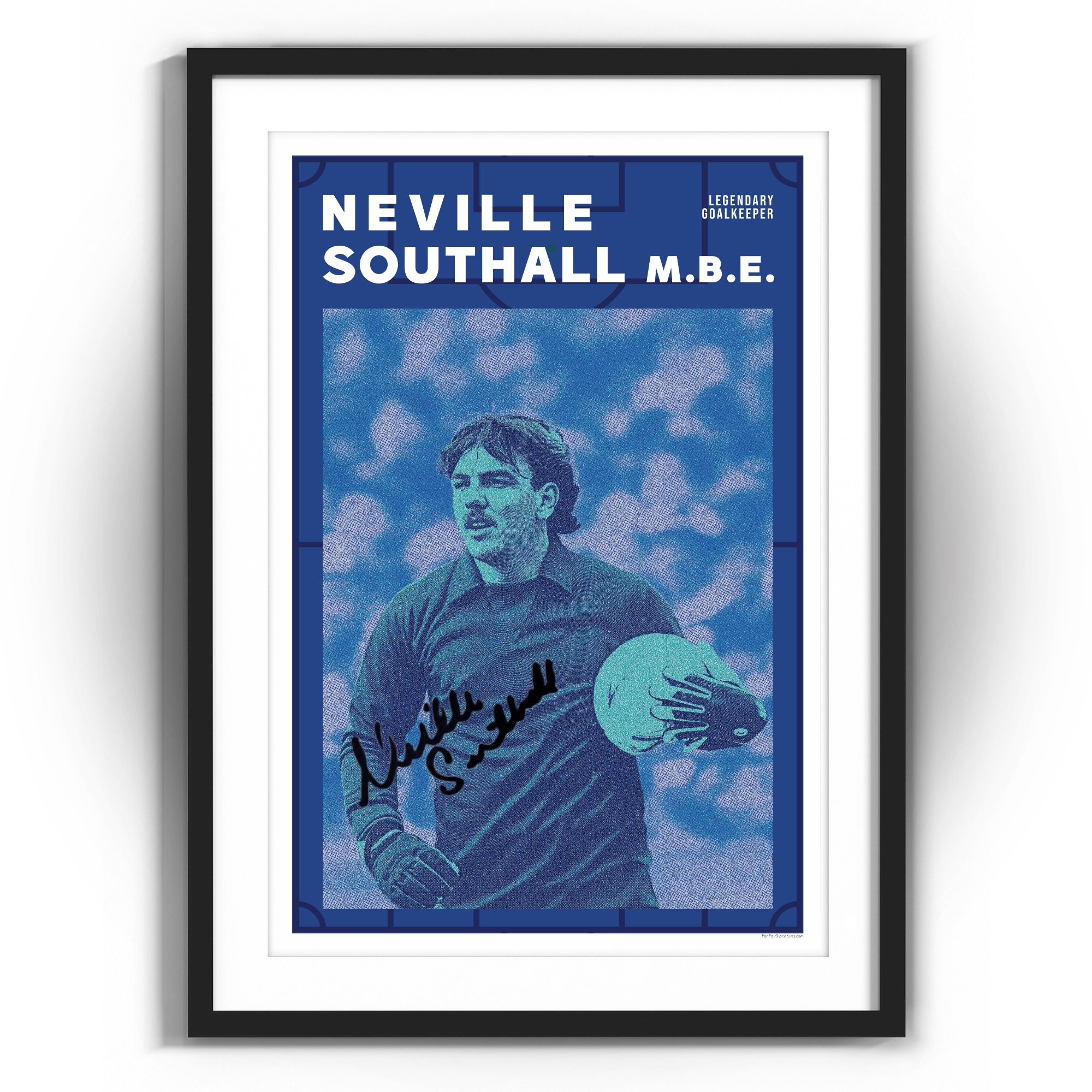 Framed poster of Neville Southall, iconic Everton and Wales goalkeeper, a unique collectible offered for autographs via FanFair.