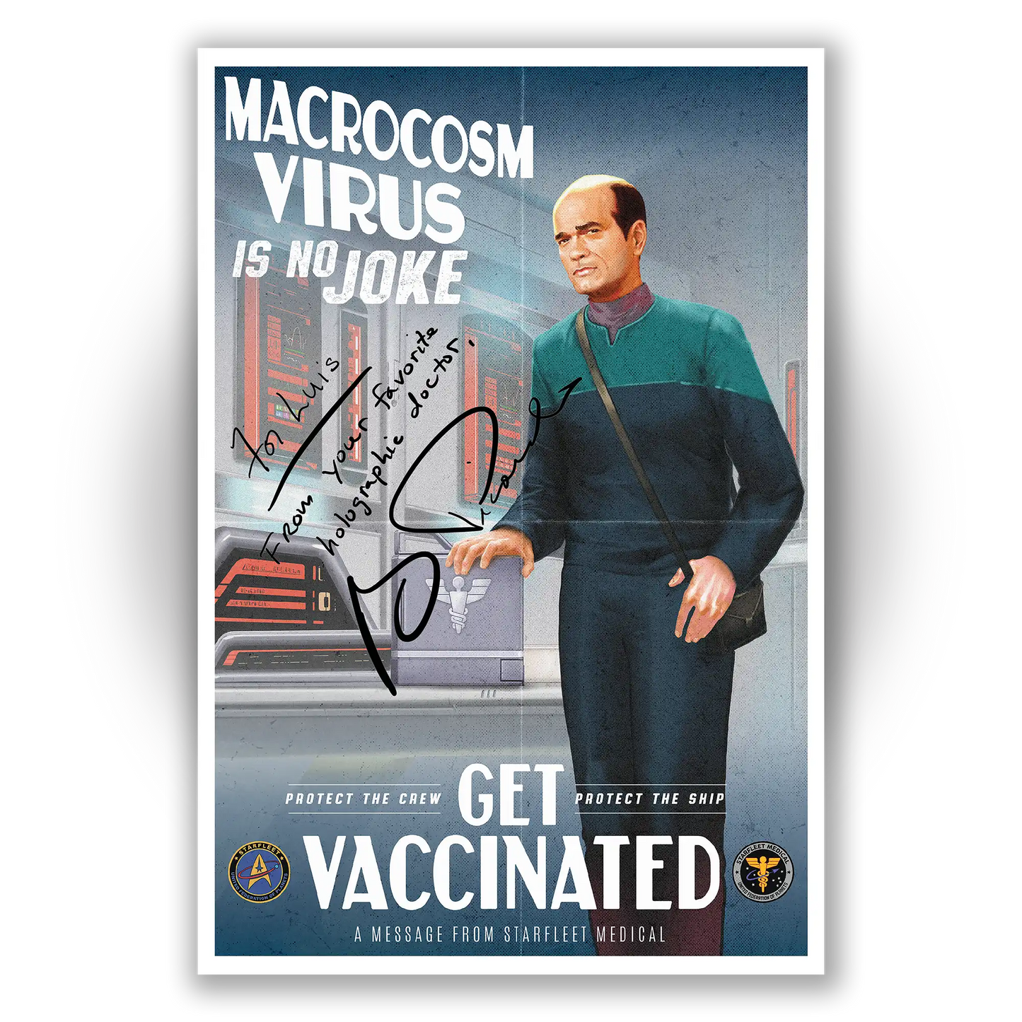 Unframed Macrocosm poster of Robert Picardo as The Doctor from Star Trek: Voyager, available for personalized autographs via FanFair Signatures.