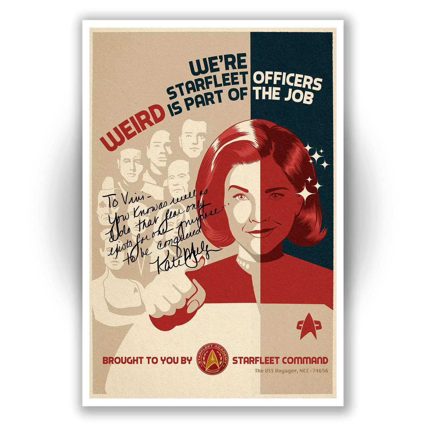 Unframed Starfleet Officers poster of Kate Mulgrew as Captain Janeway from Star Trek: Voyager, available for personalized autographs via FanFair Signatures.