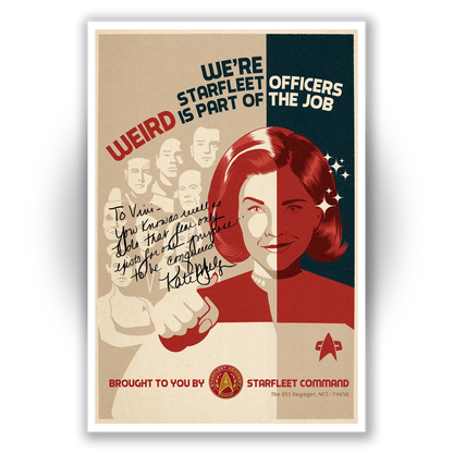 Unframed Starfleet Officers poster of Kate Mulgrew as Captain Janeway from Star Trek: Voyager, available for personalized autographs via FanFair Signatures.